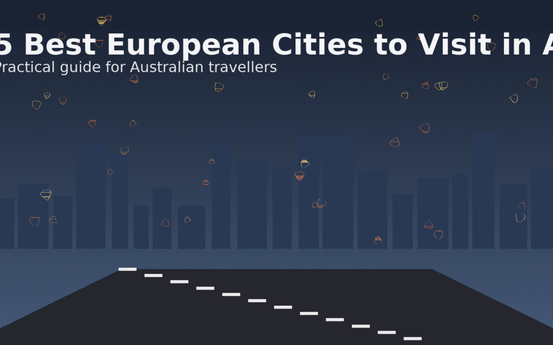 Autumn skyline graphic with leaves and a road leading into a European cityscape, title text reading 5 Best European Cities to Visit in Autumn for Australian travellers.