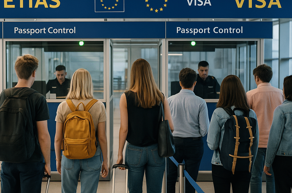 Australian travellers queuing at a European airport passport control desk Scene: Modern EU border control hall with passport booths, EU signage, arriving passengers, shallow depth of field, natural lighting